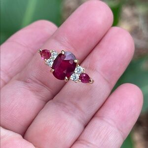 Natural Ruby Three-Stone Ring w/ CZ Accents 18k Gold Plated 925 Silver Size 7